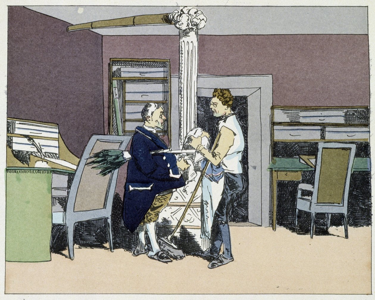 Oito horas: varredura de escritórios e discussão política entre os office boys - em "Administrative morals" de Henri Monnier de Henri Bonaventure Monnier