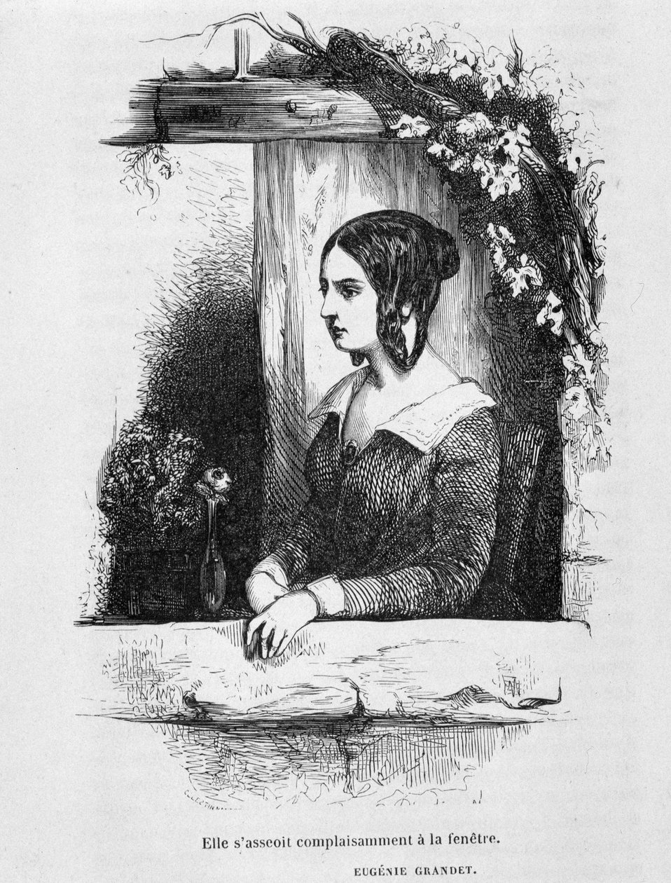 Eugénie Grandet à sua janela - em "Eugénie Grandet" de Balzac, doente. Henri Monnier, edição original de 1843 de Henri Bonaventure Monnier