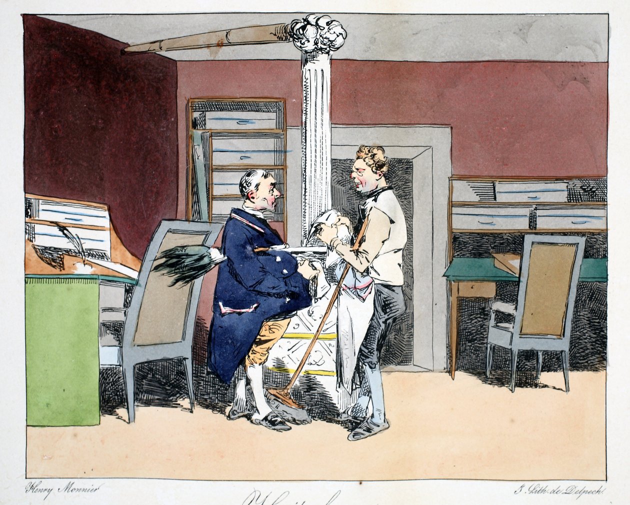 Oito horas, ilustração de &39;Administrative Mores, Drawn From Nature&39;, de Henri Monnier, litografada por Delpech, pub. Paris, c.1828 (litho colorido à mão) de Henri Bonaventure Monnier