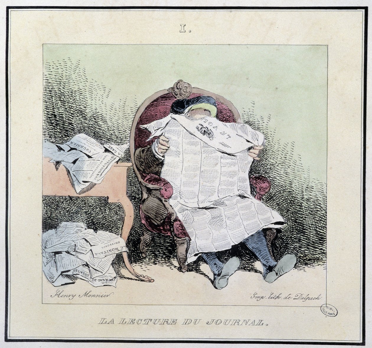 Leitura do jornal - in "Esquisses parisiennes" de Henri Monnier, ed. Delpech, Paris de Henri Bonaventure Monnier