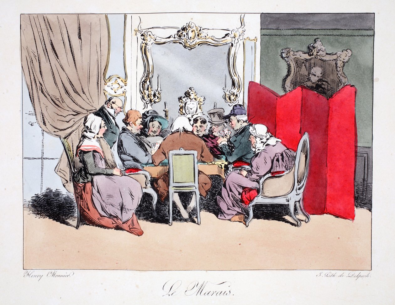 O Marais, ilustração de "Six Quartiers de Paris", de Henri Monnier, litografada por FS Delpech, pub. Paris, c.1828 (litho colorido à mão) de Henri Bonaventure Monnier