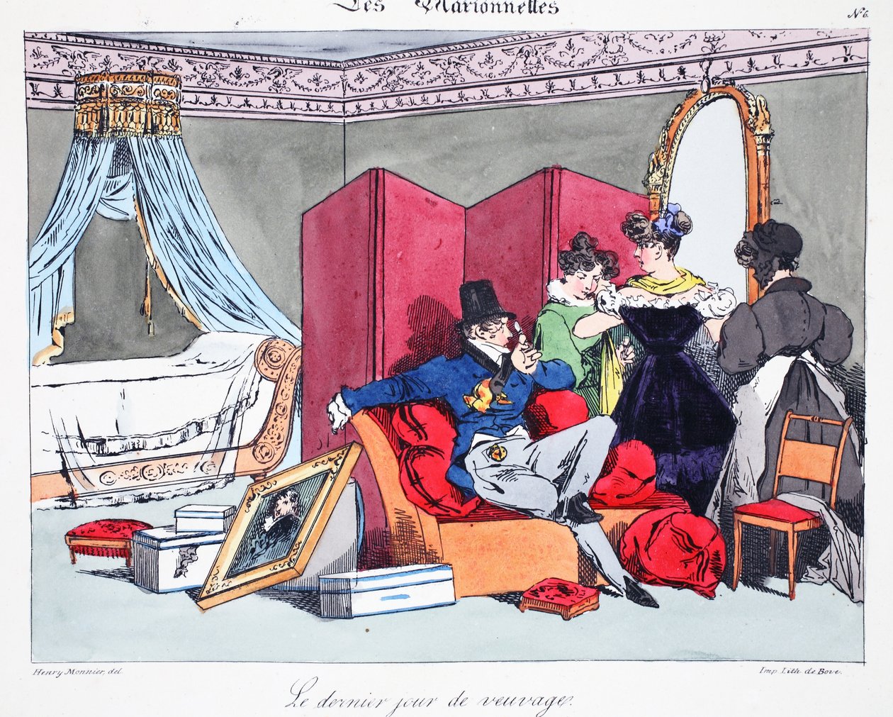 O último dia de viuvez, ilustração de "The Puppets", de Henri Monnier, litografado por Delpech, pub. Paris, c.1828 (litho colorido à mão) de Henri Bonaventure Monnier