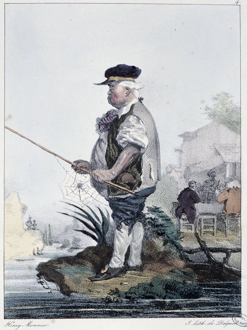 Man fishing:" Everyone takes his pleasure where he find him" - em "Les pastemps" de Henri Monnier, ed. Delpech, Paris de Henri Bonaventure Monnier