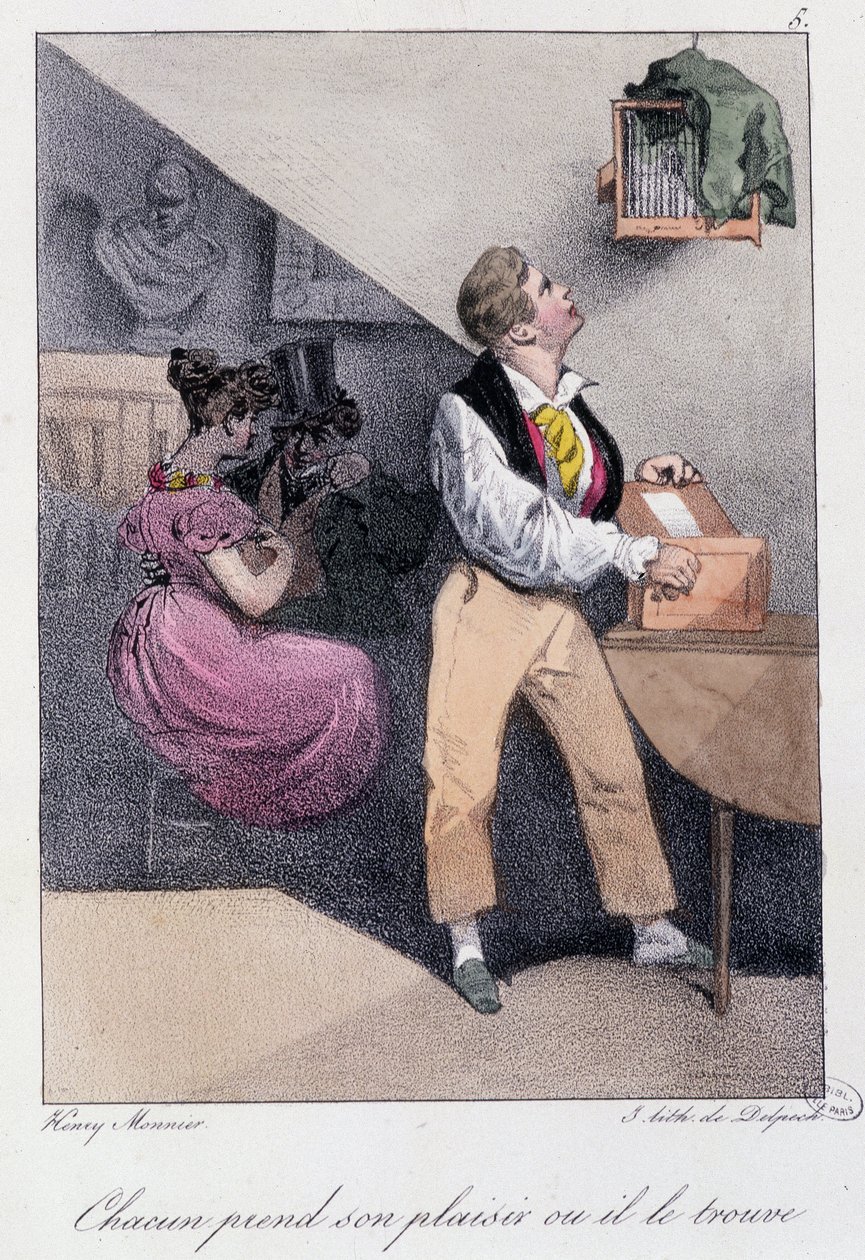 Homem que cria pássaros enquanto a mulher o engana: "Todos têm o seu prazer ou ele encontra-o" - em "Les pastemps" de Henry Monnier, Ed. Delpech, Paris, v.1830 de Henri Bonaventure Monnier