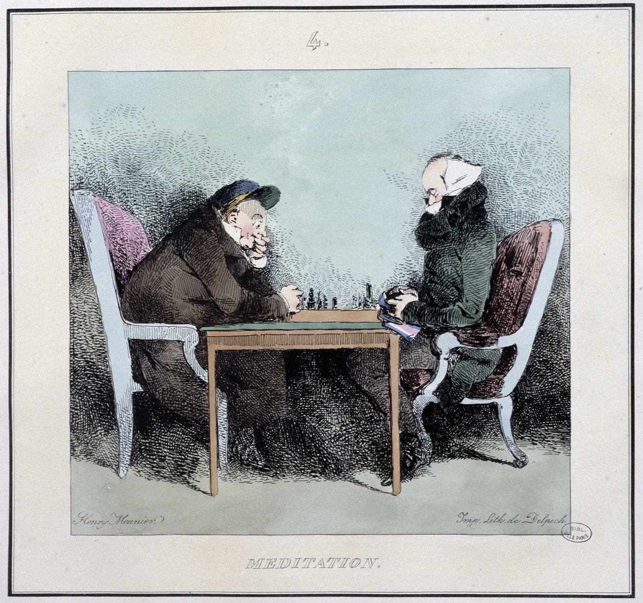 Meditação: jogadores de xadrez - in "Esquisses parisiennes" de Henri Monnier, ed. Delpech, Paris de Henri Bonaventure Monnier