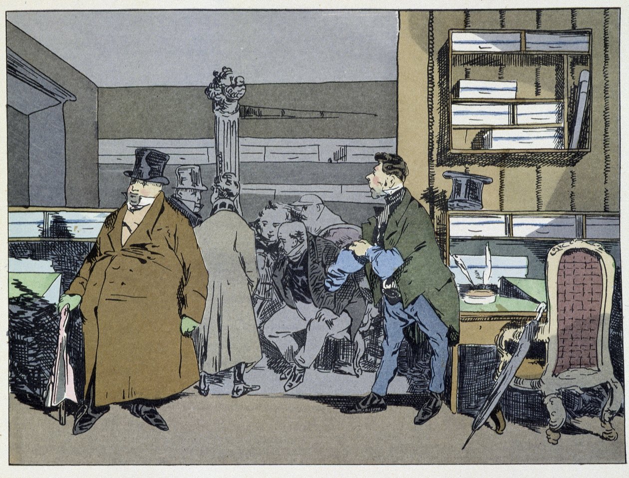 Nove horas: chegada dos funcionários, mudança de figurino, pequeno passeio de fogão - em "Administrative mores" de Henri Monnier de Henri Bonaventure Monnier