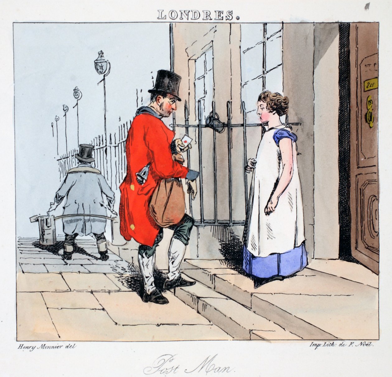 Post Man, ilustração de &39;Londres&39; por Henri Monnier, pub. Paris, c.1828 (litho colorido à mão) de Henri Bonaventure Monnier