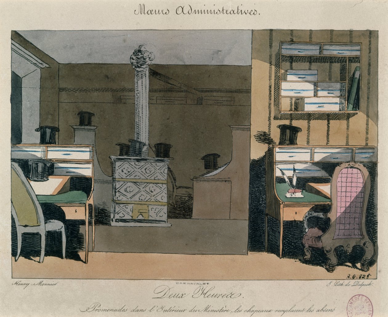 Cena em um escritório parisiense durante o almoço, c.1830 (gravura a cores) de Henri Bonaventure Monnier