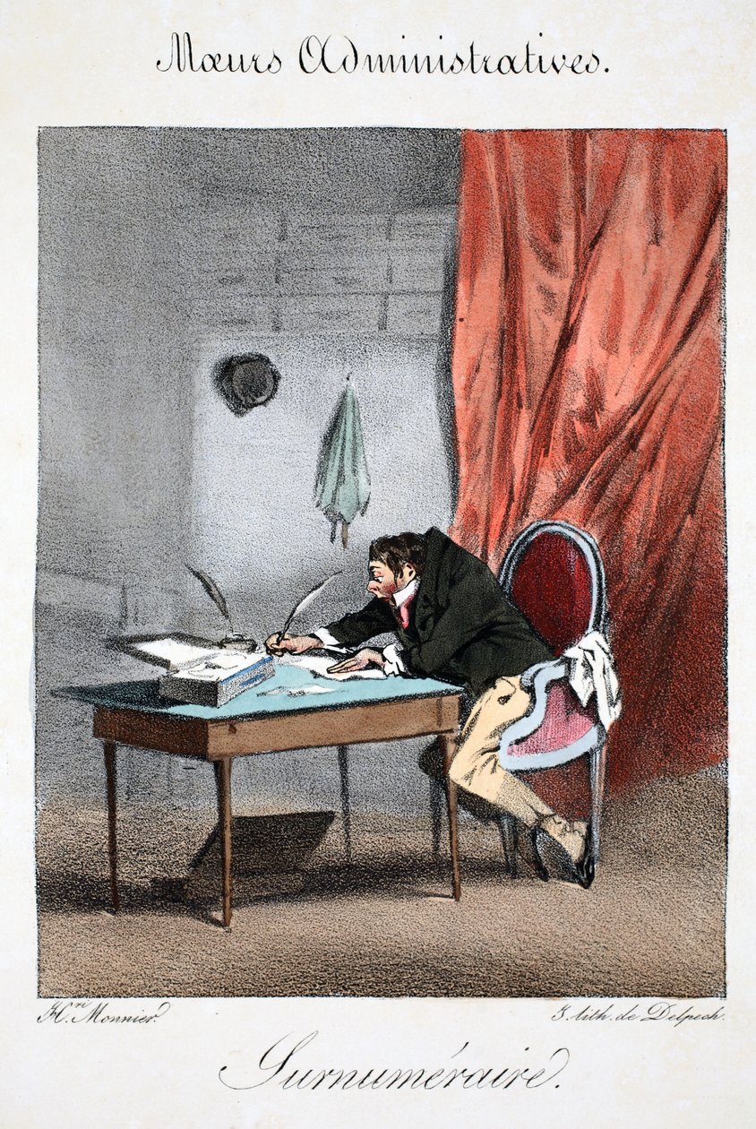 Supranumerário, ilustração de &39;Administrative Mores, Drawn From After Nature&39;, de Henri Monnier, litografada por Delpech, pub. Paris, c.1828 (litho colorido à mão) de Henri Bonaventure Monnier