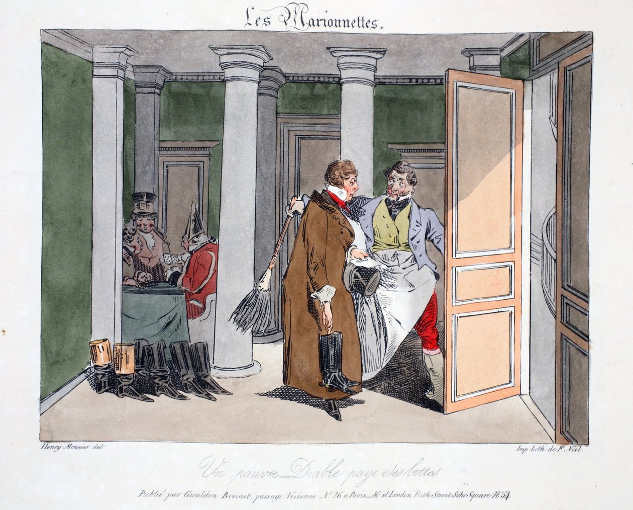 Um pobre diabo paga pelas botas, ilustração de "The Puppets", de Henri Monnier, litografada por Delpech, pub. Paris, c.1828 (litho colorido à mão) de Henri Bonaventure Monnier