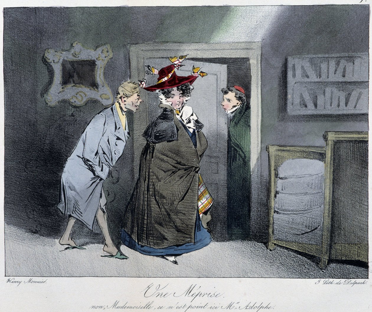Um erro: "Não, mademoiselle, este não é Monsieur Rodolphe" - em "Esquisses parisiennes" de Henri Monnier, ed. Delpech, Paris de Henri Bonaventure Monnier