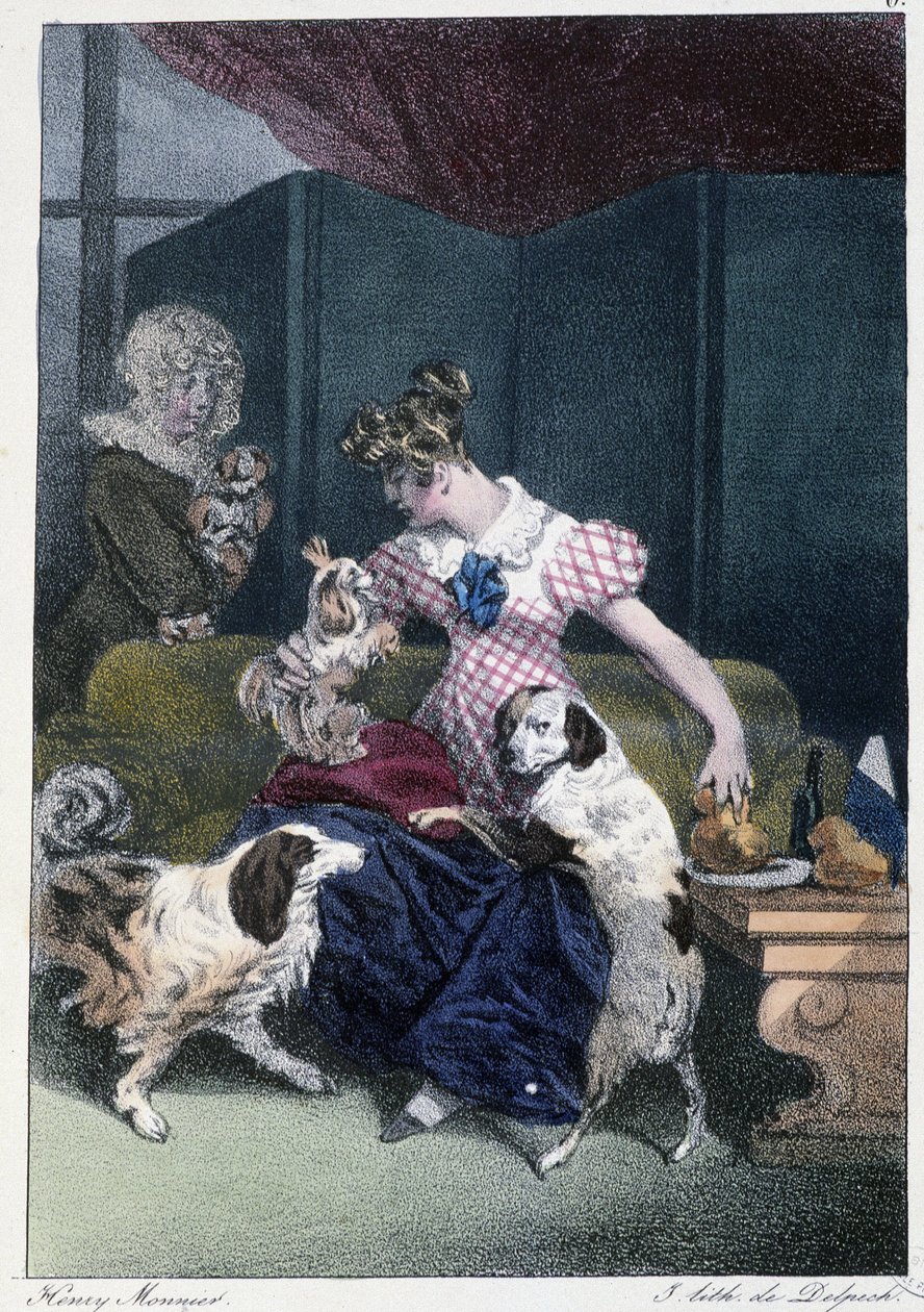 Menina com cães: "Todos levam o seu prazer onde ele o encontra" - em "Les pastemps" de Henri Monnier, Ed. Delpech, Paris de Henri Bonaventure Monnier