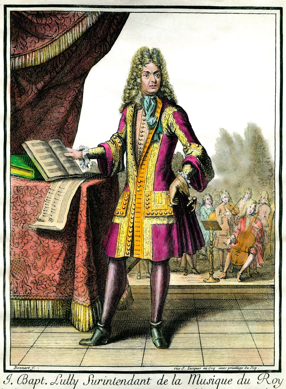 Retrato no pé de Jean Baptiste Lully (Giovanni Battista Lulli) (1632-1687) Superintendente da Música da Gravação do Rei por Henri Bonnart (1642-1711) de Henri Bonnart