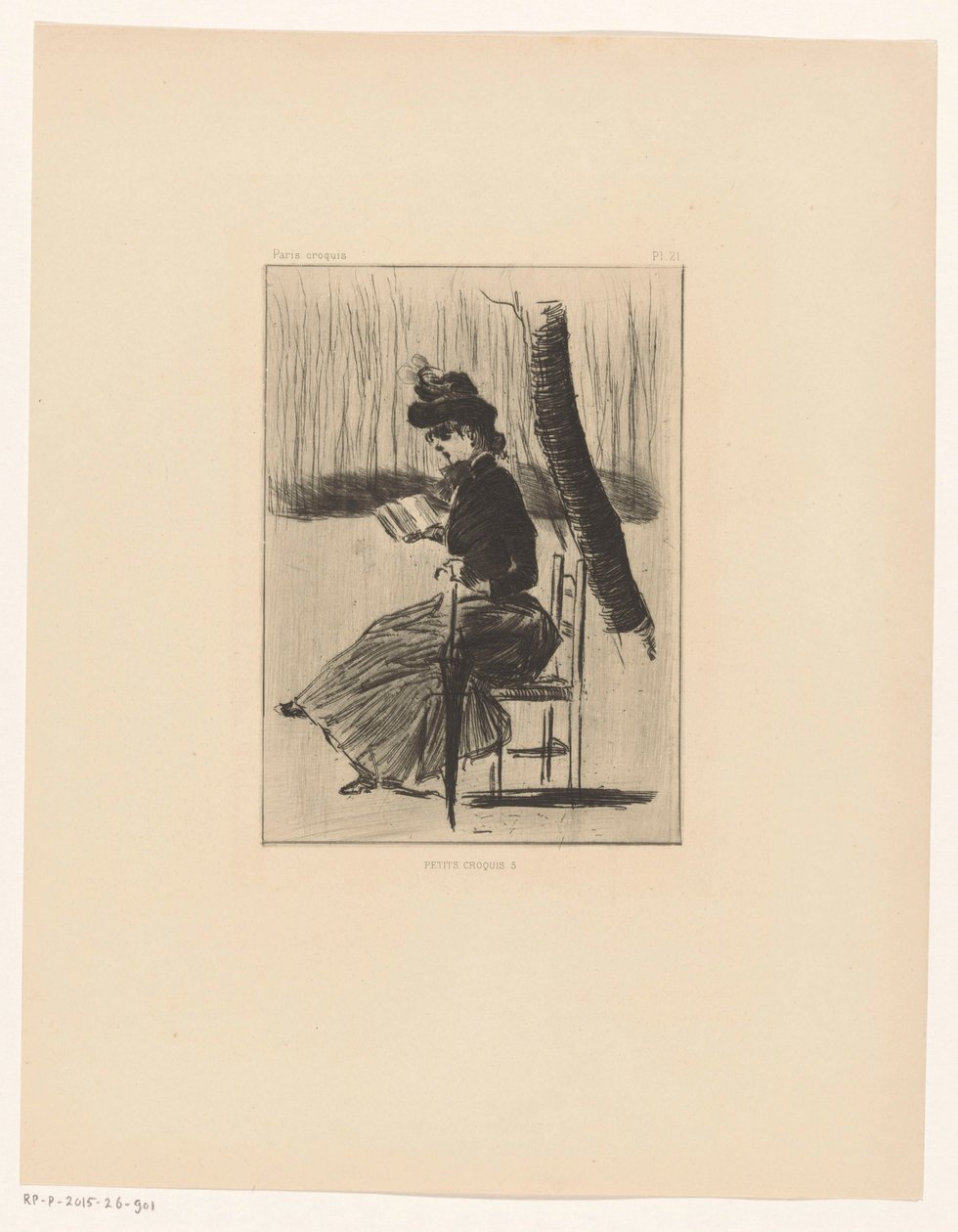 Mulher com um livro e um guarda-chuva numa cadeira no exterior
Petits Croquis 5 (título sobre o objecto) de Henri Boutet
