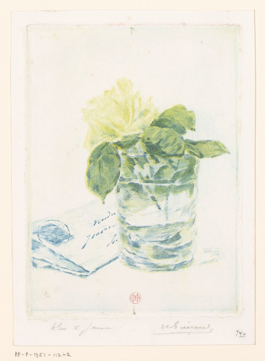 Carta ao lado de uma jarra com rosa de Henri Charles Guérard (signed by artist)
