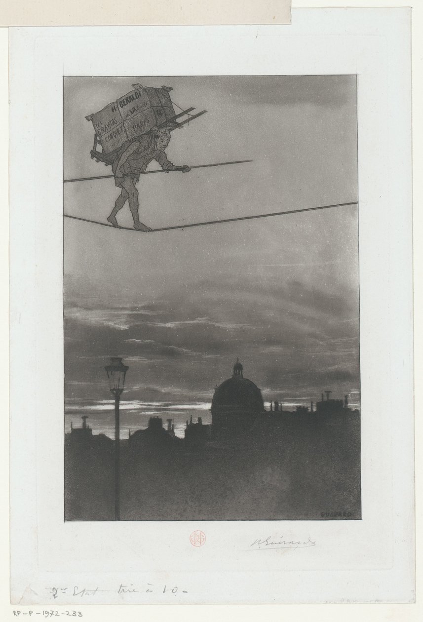 Andarilho de corda bamba com pacote nas costas sobre uma cidade
Página de título para: Henri Béraldi, Les Graveurs du XIXe siècle (...), 1888 de Henri Charles Guérard (signed by artist)