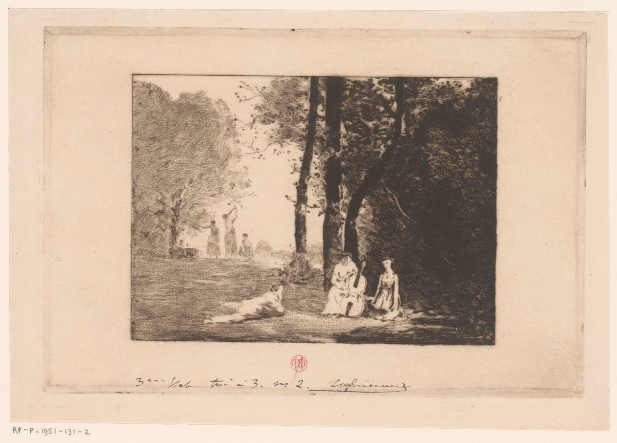 Mulheres que fazem música debaixo de uma árvore de Henri Charles Guérard (signed by artist)