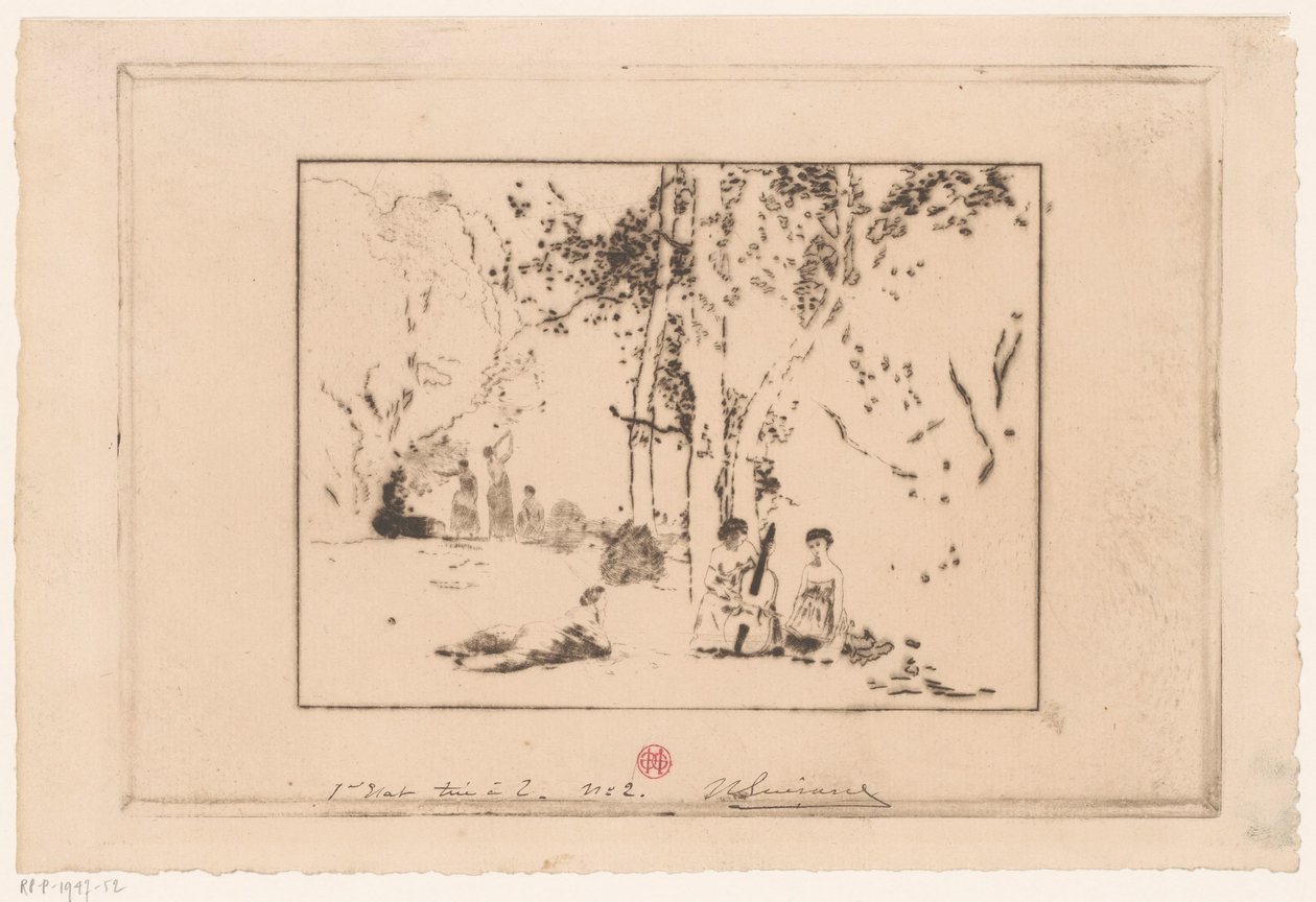 Mulheres que fazem música debaixo de uma árvore de Henri Charles Guérard (signed by artist)