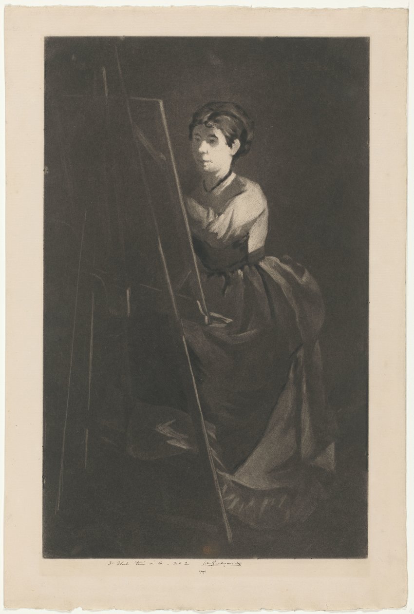 Retrato de Eva Gonzalès em frente a um cavalete de Henri Charles Guérard (signed by artist)