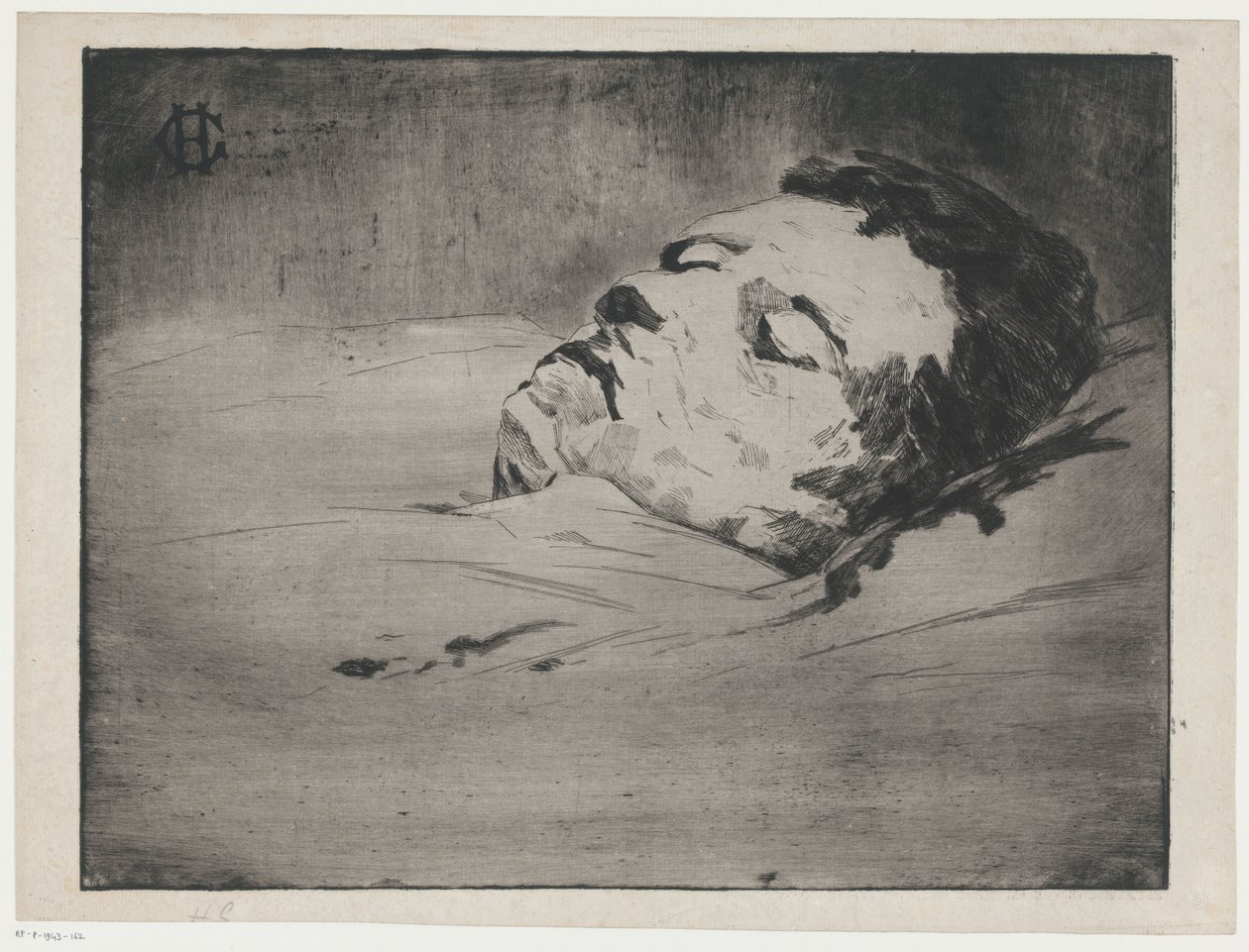 Retrato de um homem desconhecido no seu leito de morte de Henri Charles Guérard (signed by artist)