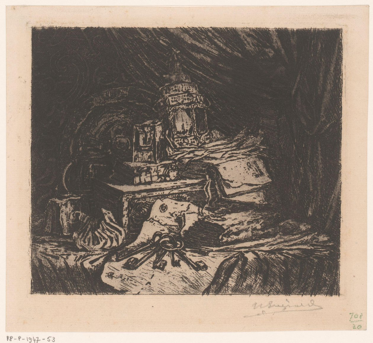 Natureza morta com chaves e lanterna de Henri Charles Guérard (signed by artist)