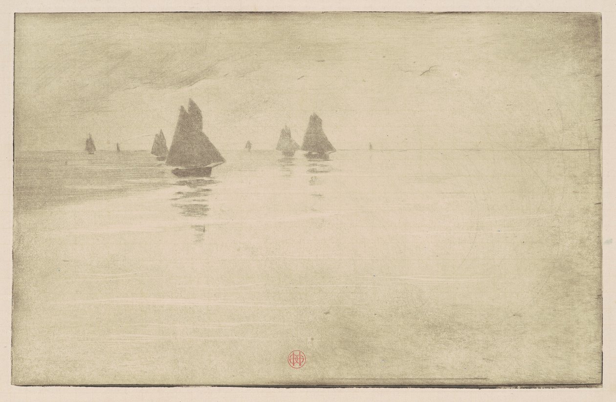 Barcos em uma névoa da manhã de Henri Charles Guérard