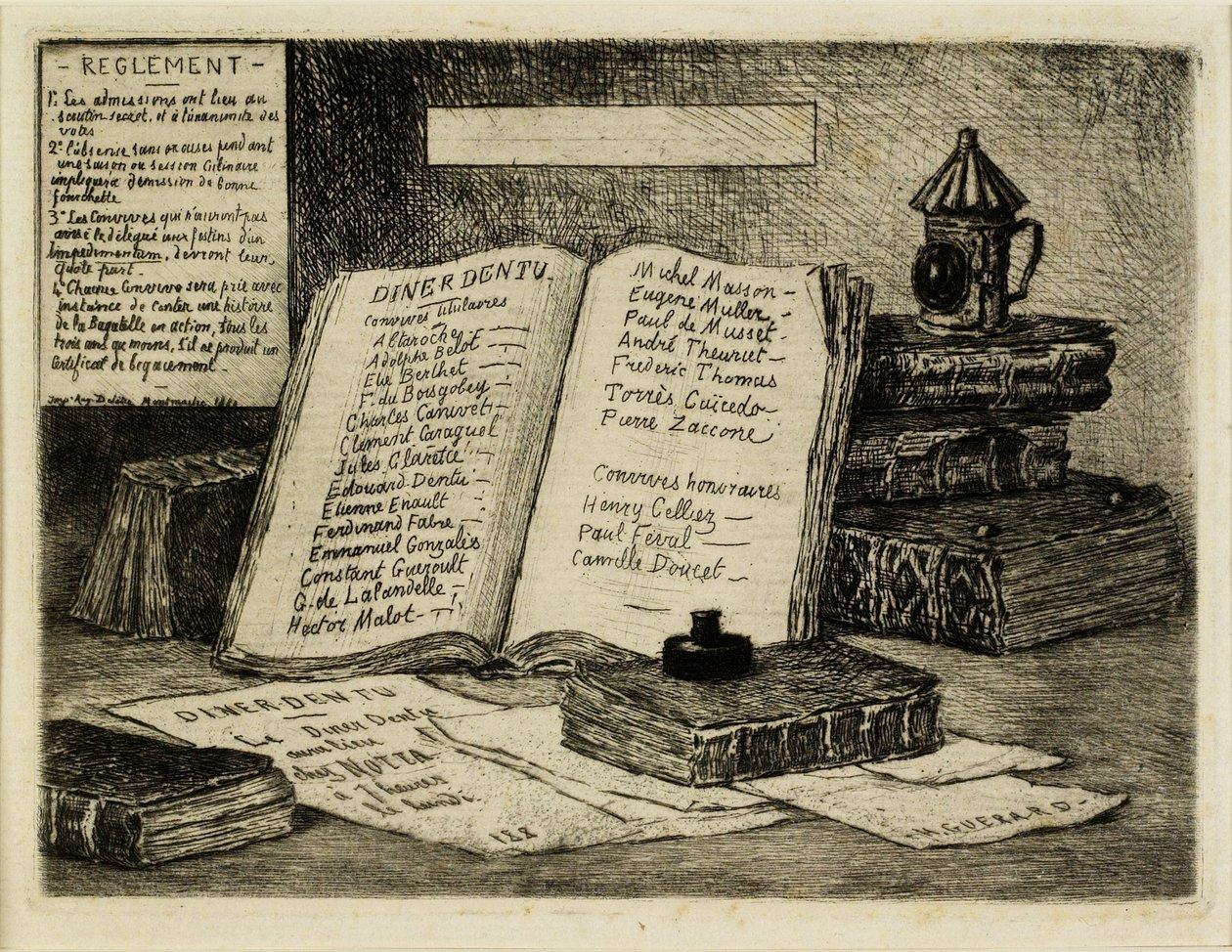 Bouquins et lanterne (livros e lanterna), 1880 (gravura, ponto de secagem) de Henri Charles Guérard