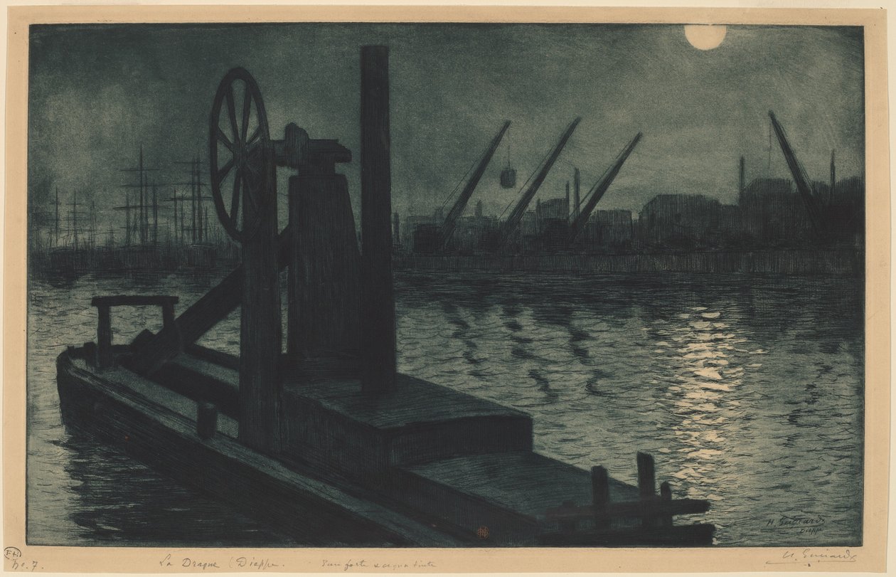 La Drage Dieppe (Uma draga no porto de Dieppe ao luar) de Henri Charles Guérard