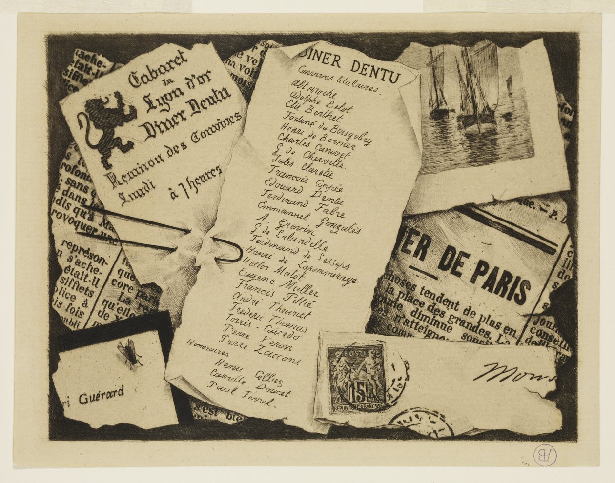 Um pedaço de jornal, um envelope e uma mosca. de Henri Charles Guérard
