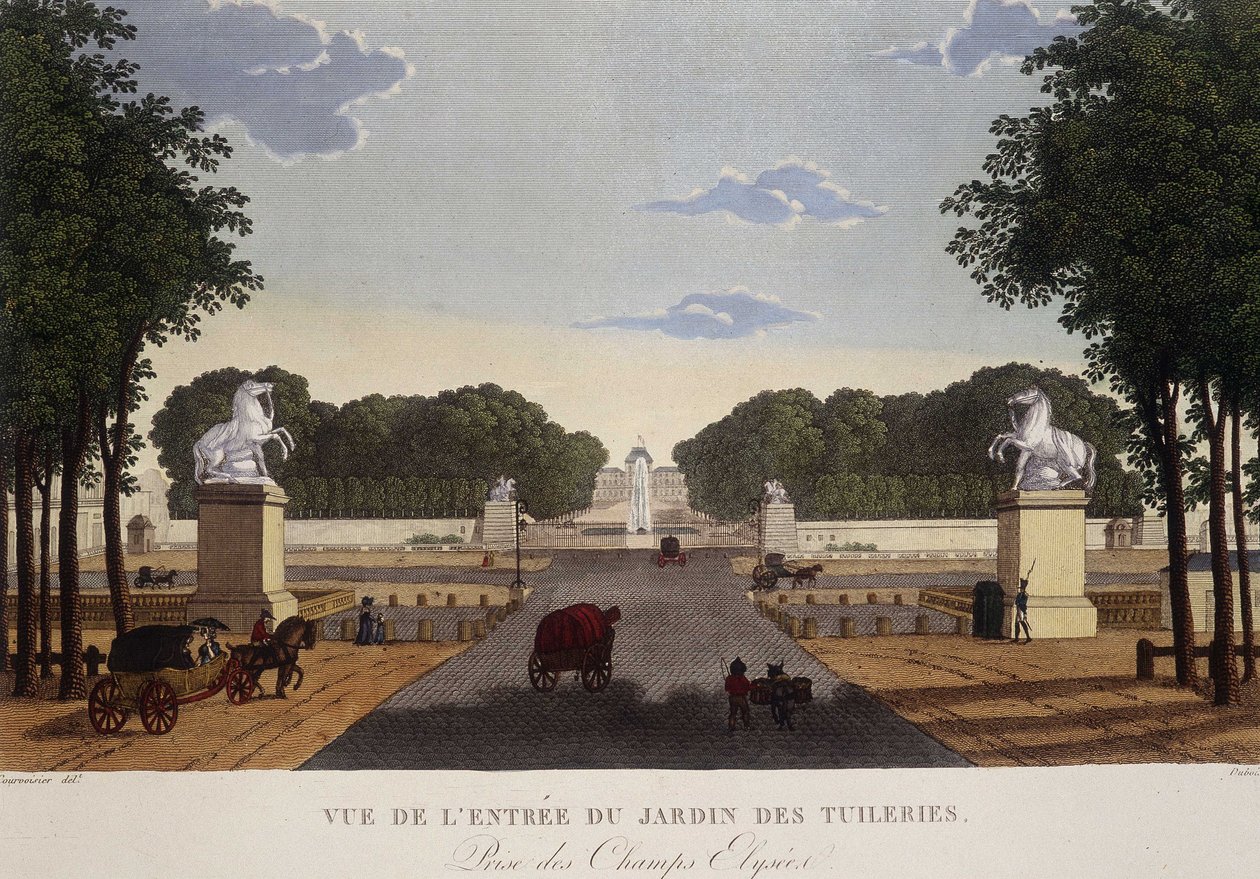 Entrada do Jardim dos Tuileries, vista dos Campos Elísios, cerca de 1820 - em "Vues de Paris" de Courvoisier de Henri Courvoisier Voisin