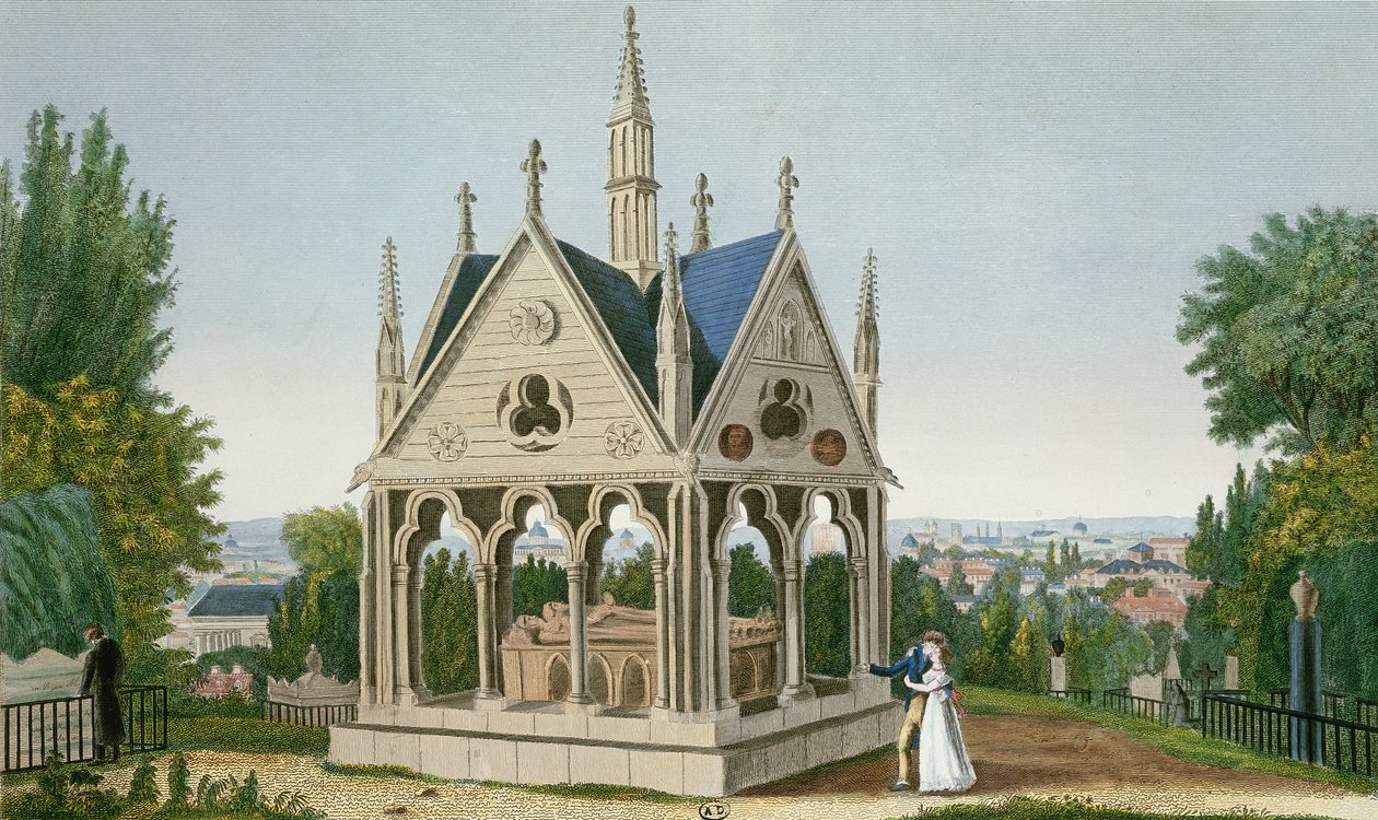O túmulo de Heloise e Abelardo no cemitério de Pere Lachaise, 1815-20 (gravura de cor) de Henri Courvoisier Voisin