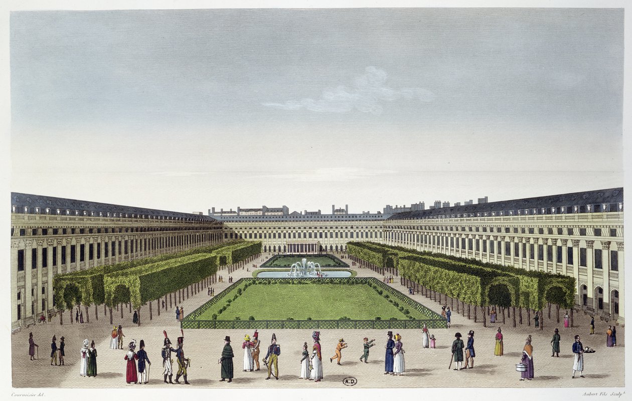 Vista dos jardins do Palais Royal, como visto das Galeries de Bois, gravado por Aubert Fils, c.1815-20 de Henri Courvoisier Voisin