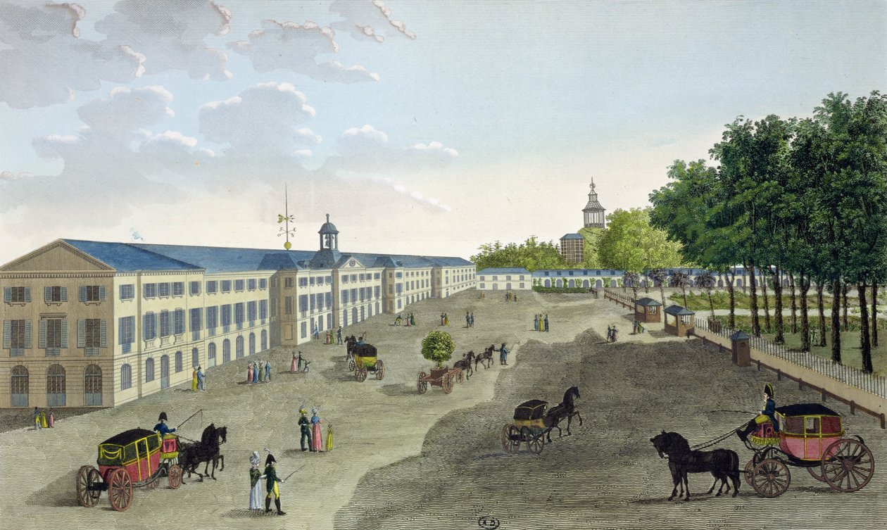 Vista da nova galeria do Museu de História Natural no Jardin des Plantes em Paris, gravada por Claude Fortier (1775-1835) (gravura a cores) de Henri Courvoisier Voisin