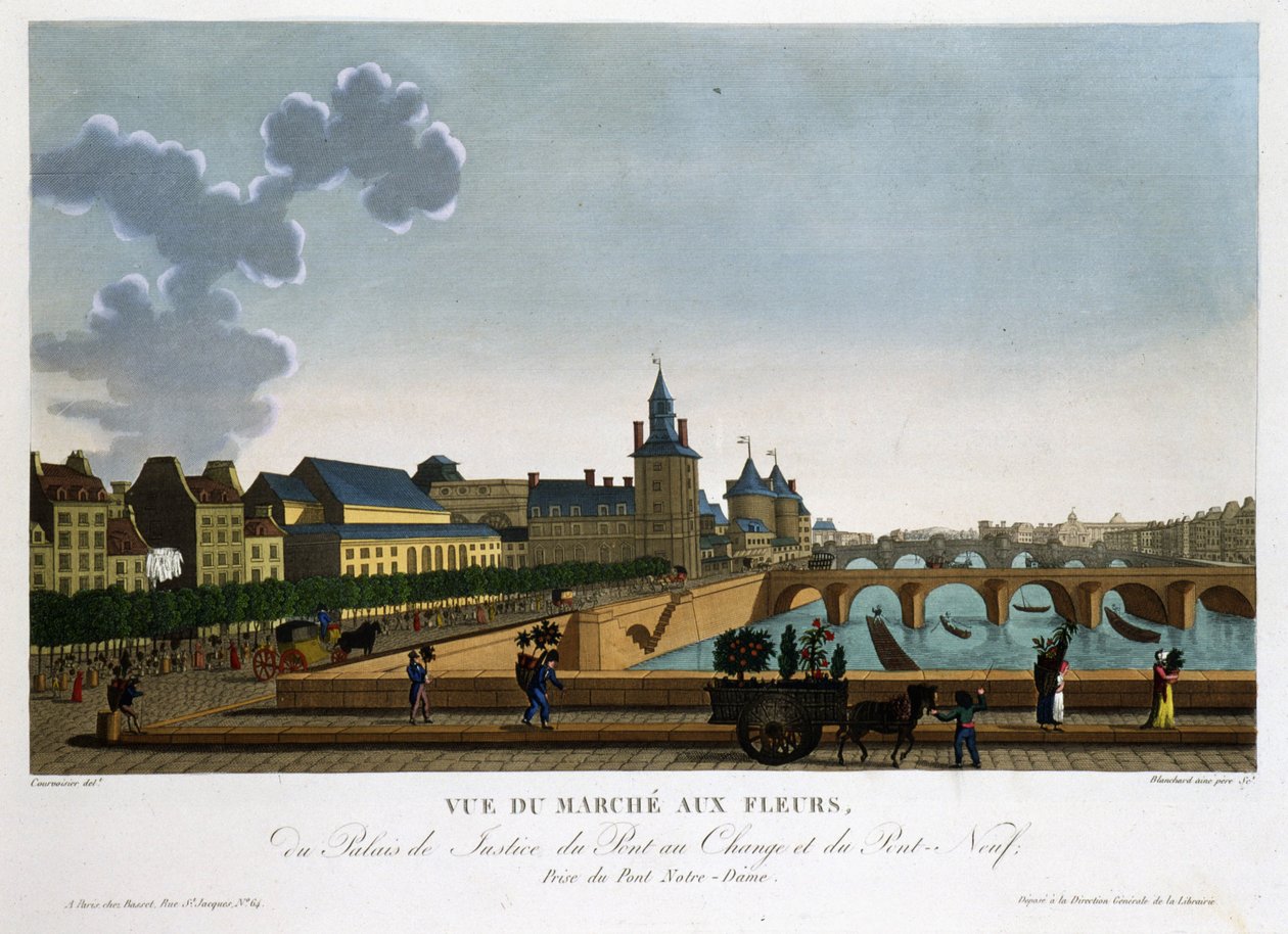 Vista do mercado de flores, ponte de troca e nova ponte - em "Vues de Paris" de Courvoisier de Henri Courvoisier Voisin