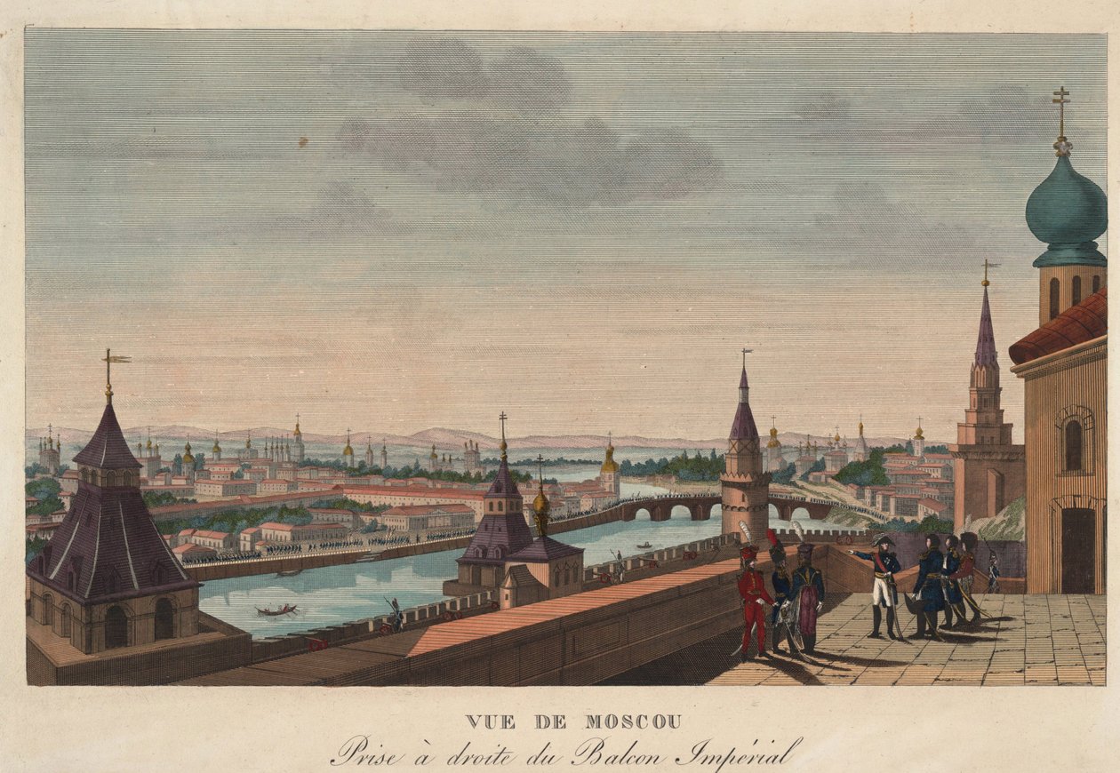 Vue de Moscou depuis le balcon du palais imperial, Russie" (Vista de Moscovo tirada da varanda do Palácio Imperial) Gravura de Henri Courvoisier-Voisin (1757-1830) - 1812 Dim 40,7x55,6 cm Colecção Privada de Henri Courvoisier Voisin
