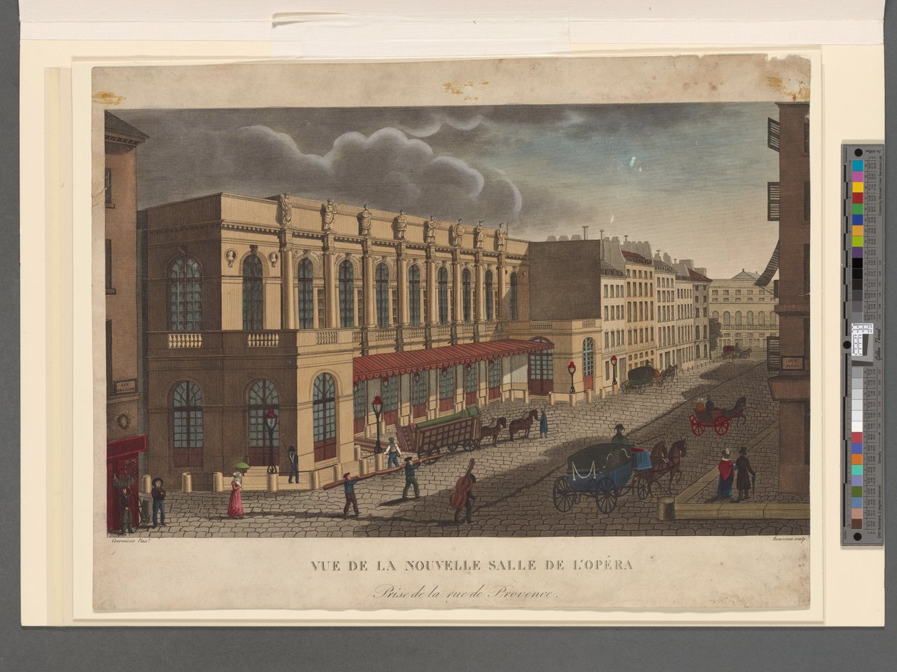 Vista do novo salão da Ópera tirada da rue de Provence, gravada por Rousseau, c.1821 de Henri Courvoisier Voisin