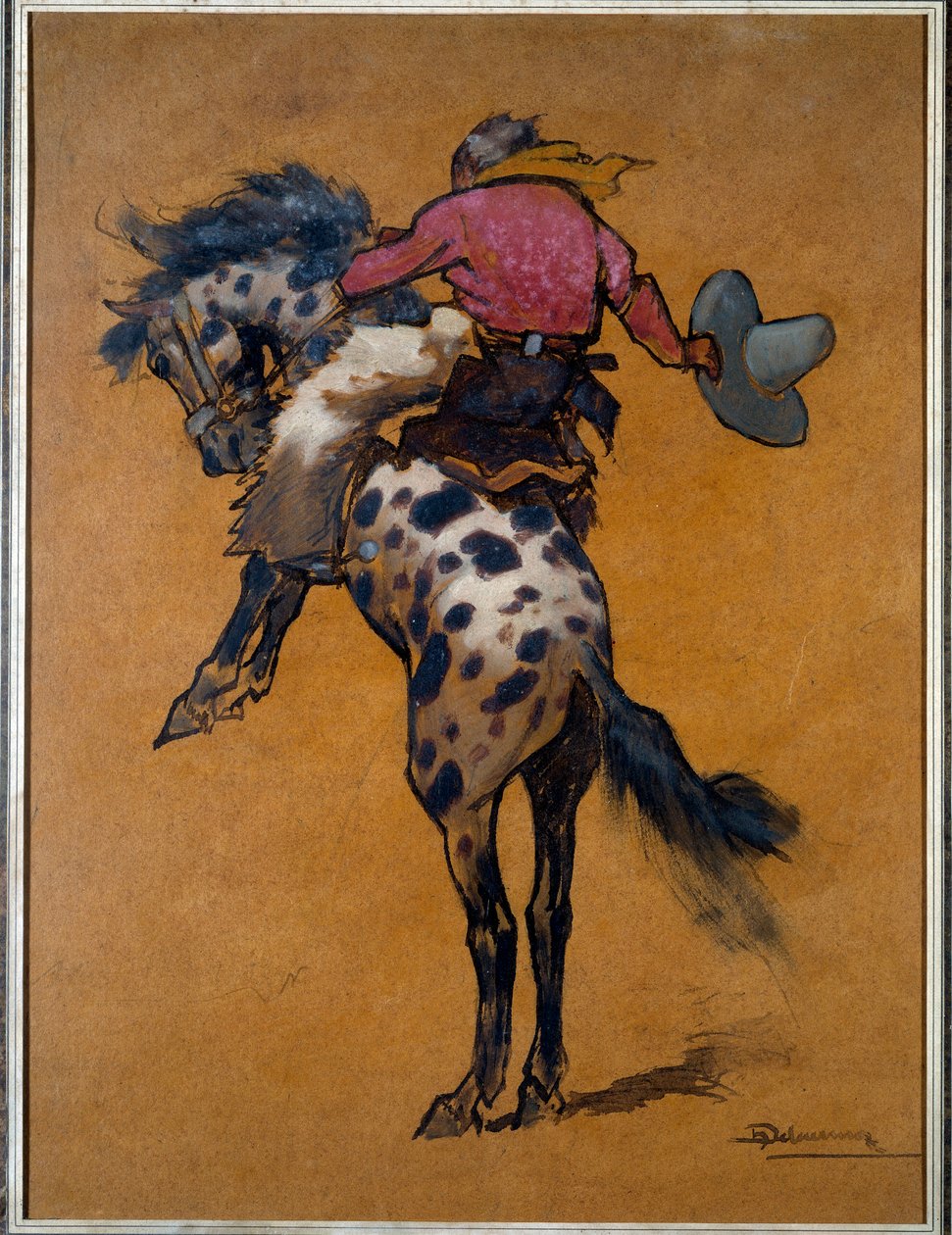 Rodeo: "Cow boy on a horse bronco cabre" Desenho de Henri Deluermoz (1876-1943) La Rochelle do século XX, Musee du Nouveau Monde de Henri Deluermoz