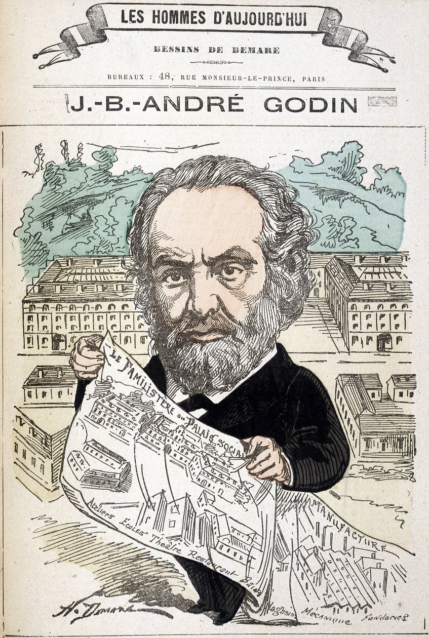Jean Baptiste André Godin (1817-1888), industrialista fundador da família. Desenho de Demare em "Os homens de hoje". de Henri Demare