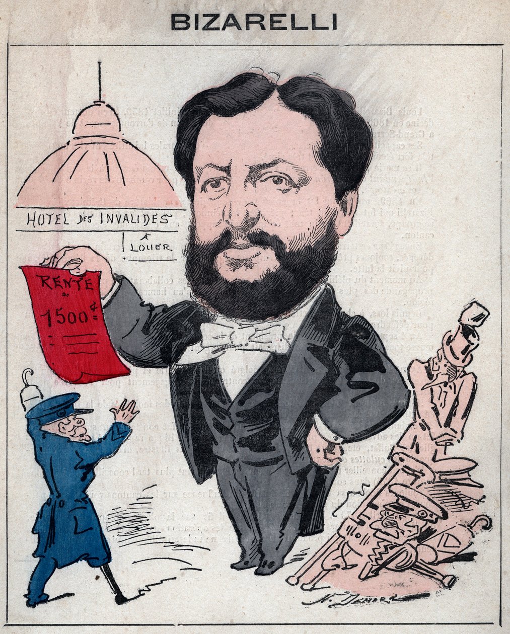 Louis Bizarelli político francês (1836-1902) - Desenho animado de Henri Demare em "Les Hommes d