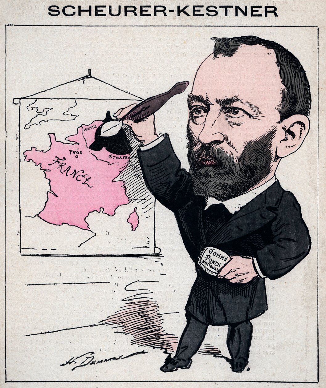 Retrato de Auguste Scherer-Kestner (Scheurer Kestner) (1833-1899) químico, industrial e político alsaciano - caricatura de Henri Demare em "Les Hommes d