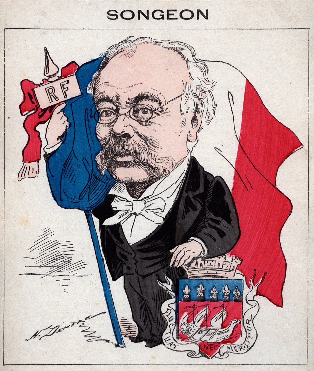 Retrato de Jacques Songeon (1818-1899) ex-presidente do conselho municipal de Paris - caricatura de Henri Demare em "Les Hommes d