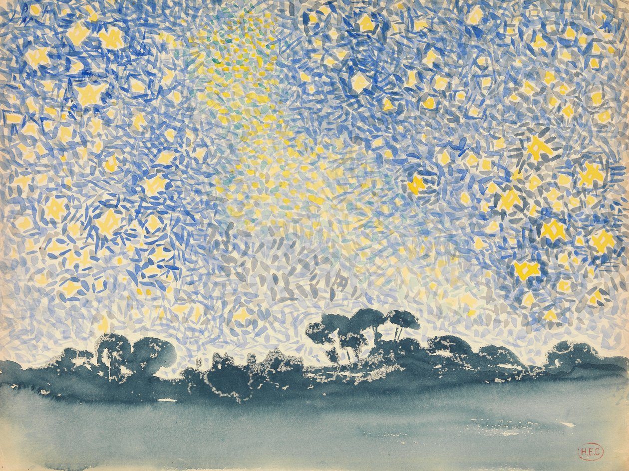 Paisagem com estrelas, c.1905-08 (wc sobre grafite em papel branco wove) de Henri Edmond Cross