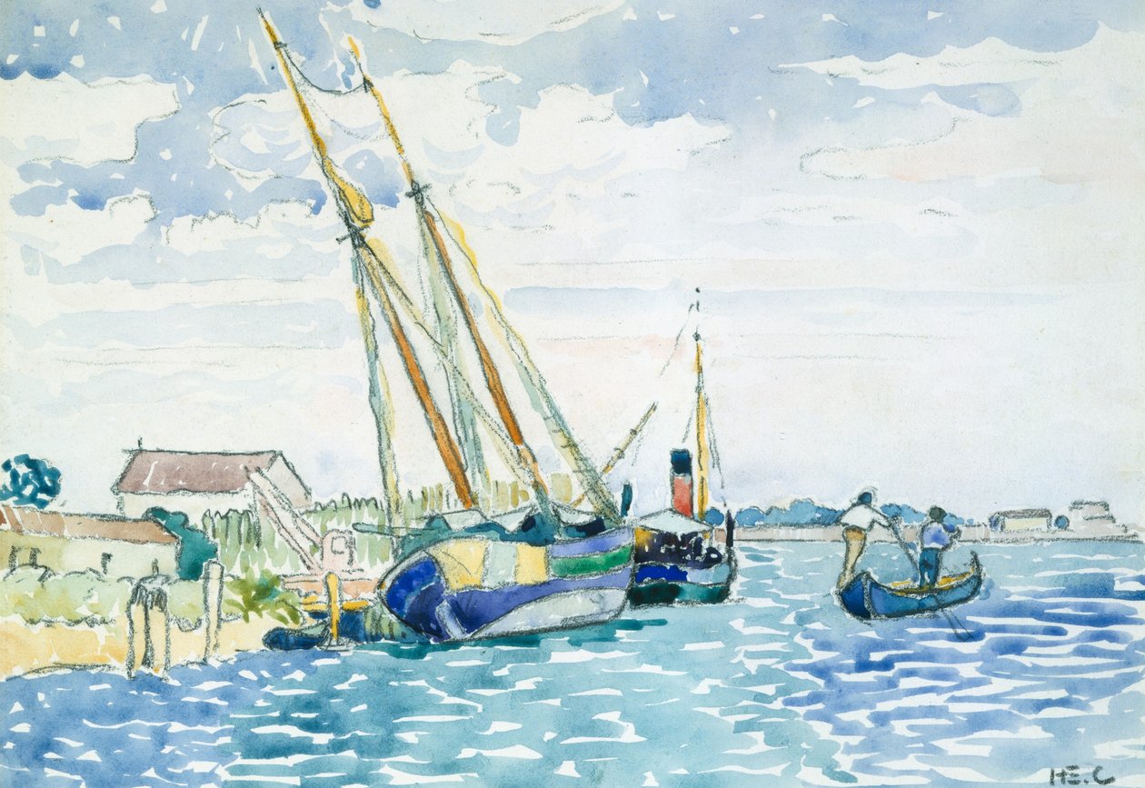 Cena Marinha (Barcos perto de Veneza), 1903 (wc sobre grafite sobre papel branco de tufo montado a seco em cartão pesado) de Henri Edmond Cross