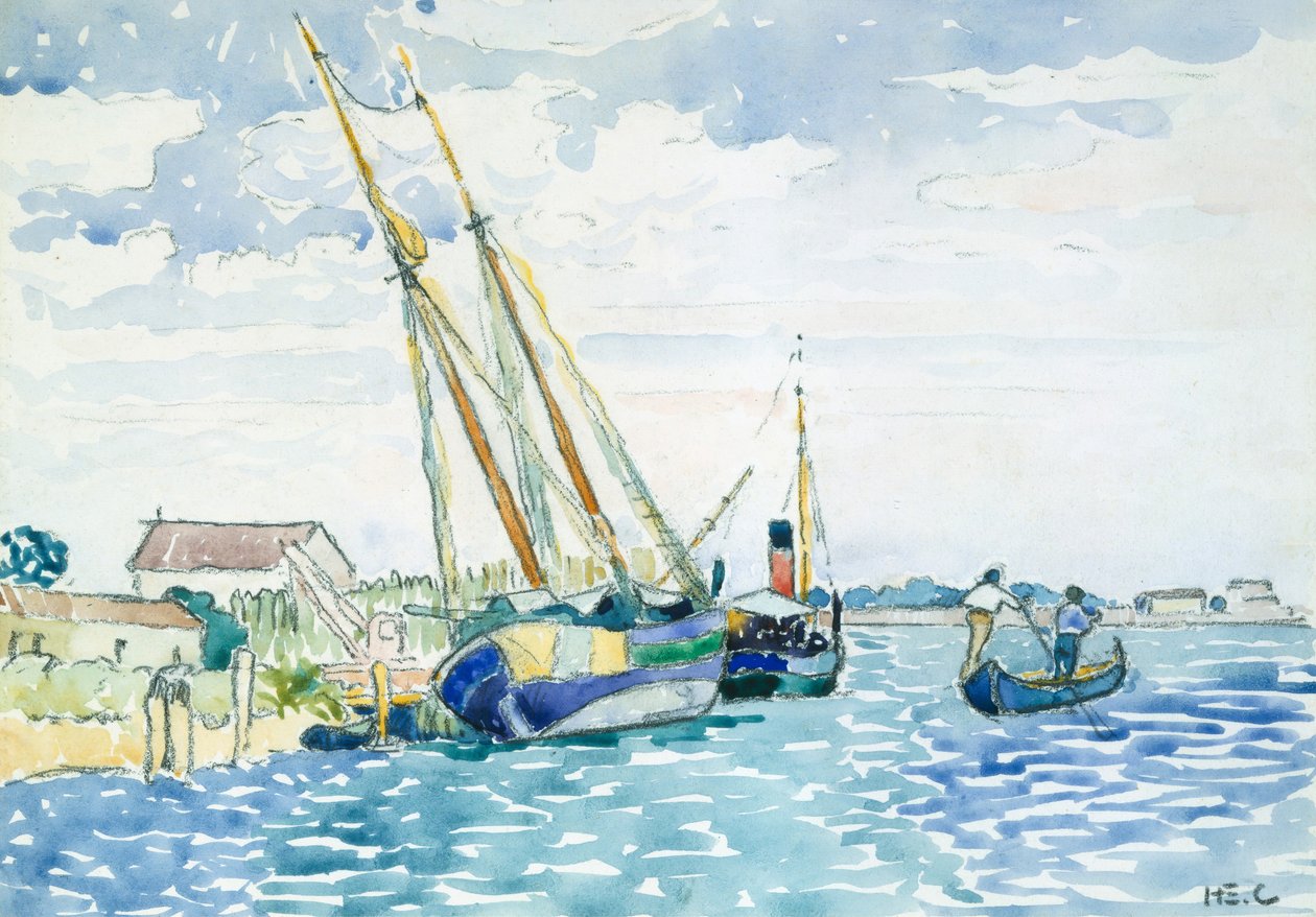 Barcos de cena marinha perto de Veneza, 1903. de Henri Edmond Cross