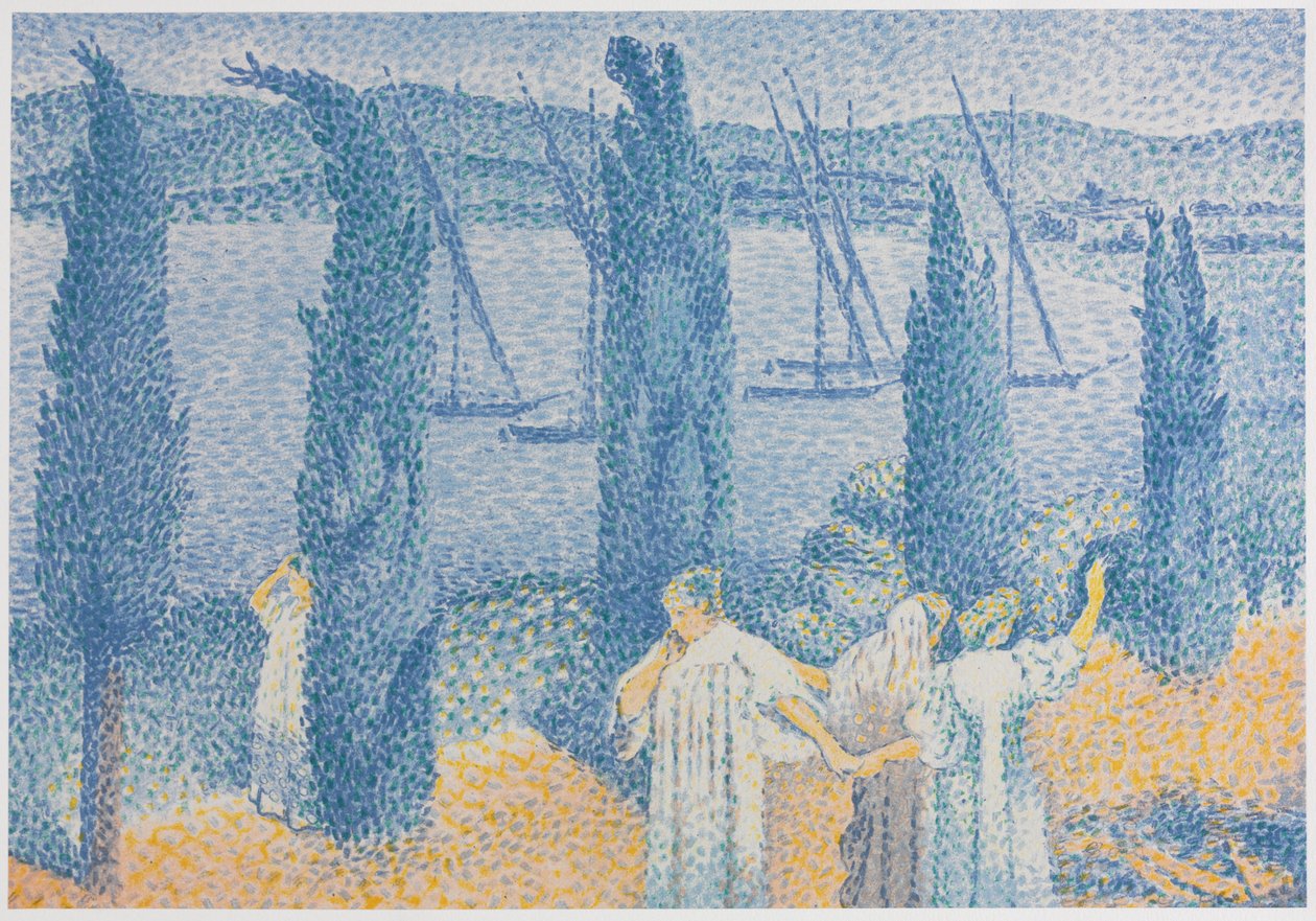 A paisagem do passeio com ciprestes, La Promenade Paysage aux ciprestes, 1897. de Henri Edmond Cross