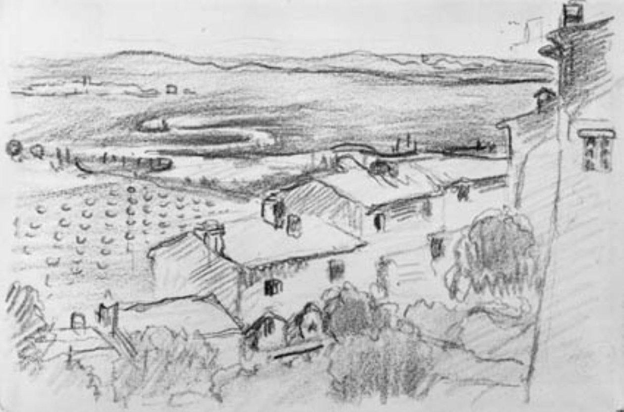Vista de uma aldeia sobre campos e prados em direção ao mar. Bormes-les-Mimosas de Henri Edmond Cross