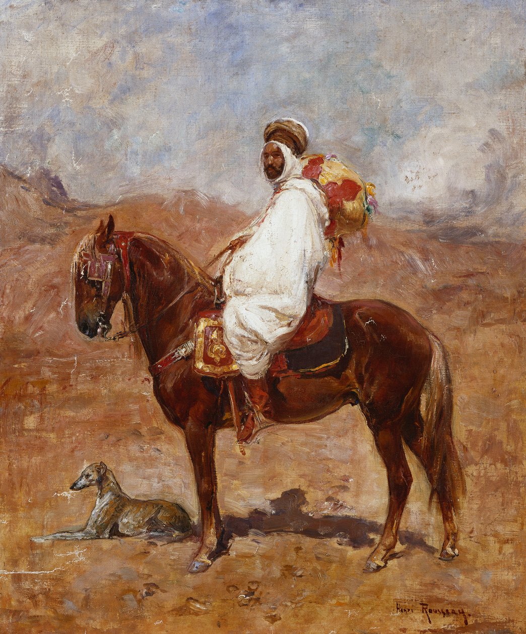 Um árabe em um cavalo em uma paisagem de deserto de Henri Emilien Rousseau