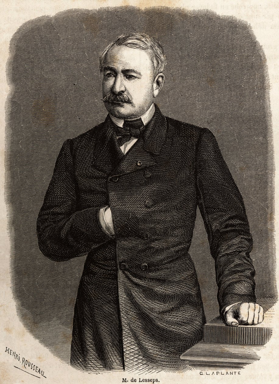 Retrato do diplomata e empresário Ferdinand de Lesseps (1805-1894), promotor dos dois ambiciosos projetos: os canais de Suez e Panamá, desenho de Henri Rousseau, para ilustrar uma excursão ao Canal de Suez em 1862 por Paul Merruau. Gravura em " de Henri Emilien Rousseau