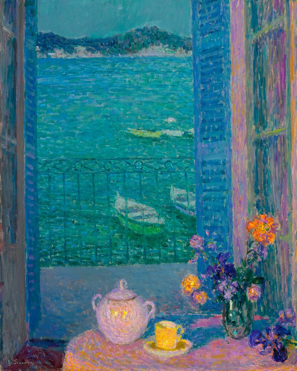 Bouquet de fleurs a la fenetre, Villefranche sur mer - Cacho de flores à janela, Villefranche-sur-Mer - Pintura de Henri Le Sidaner (1862-1939) de Henri Eugene Augustin Le Sidaner