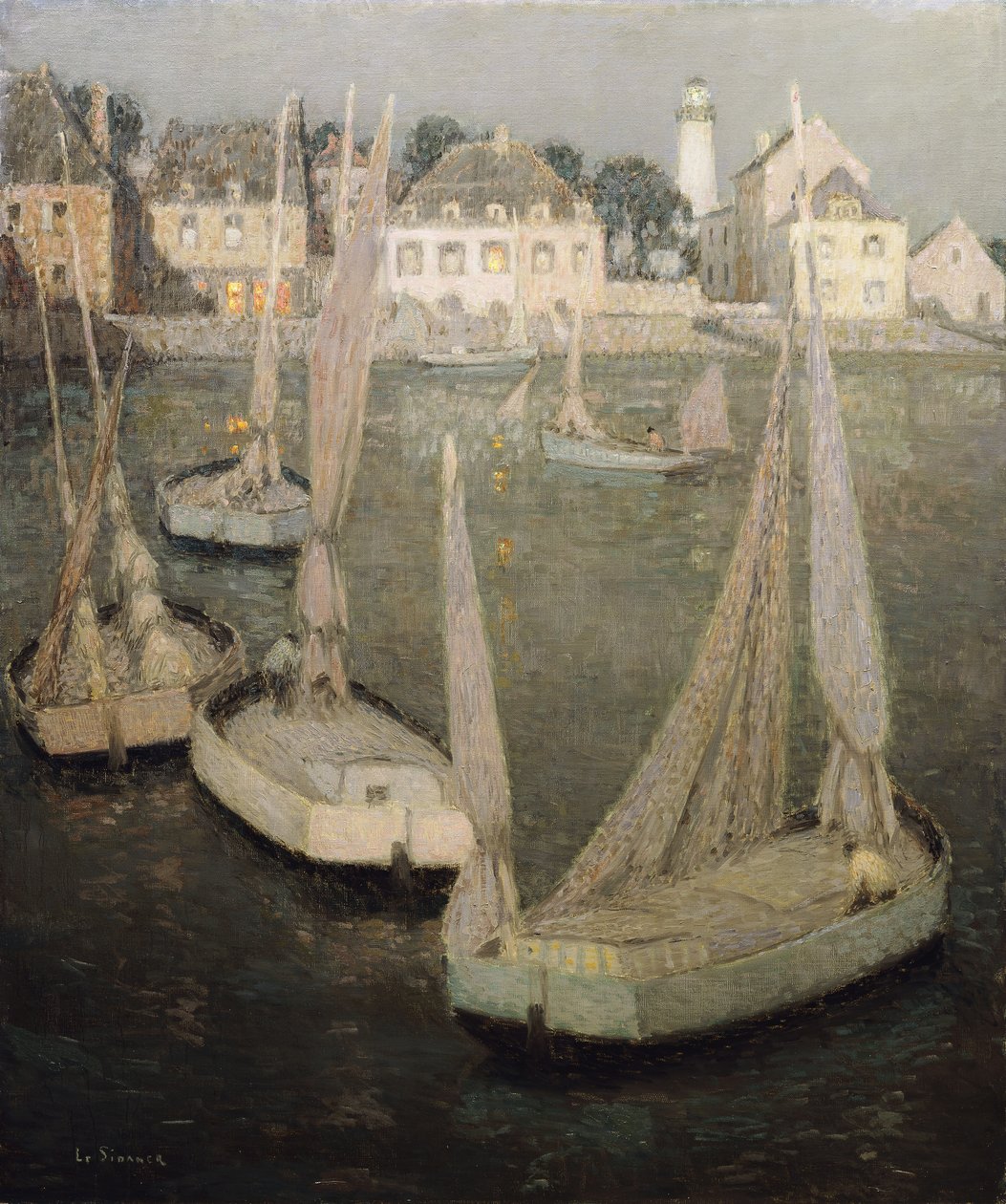 Porto bretão por Moonlight; Port Breton by Moonlight de Henri Eugene Augustin Le Sidaner